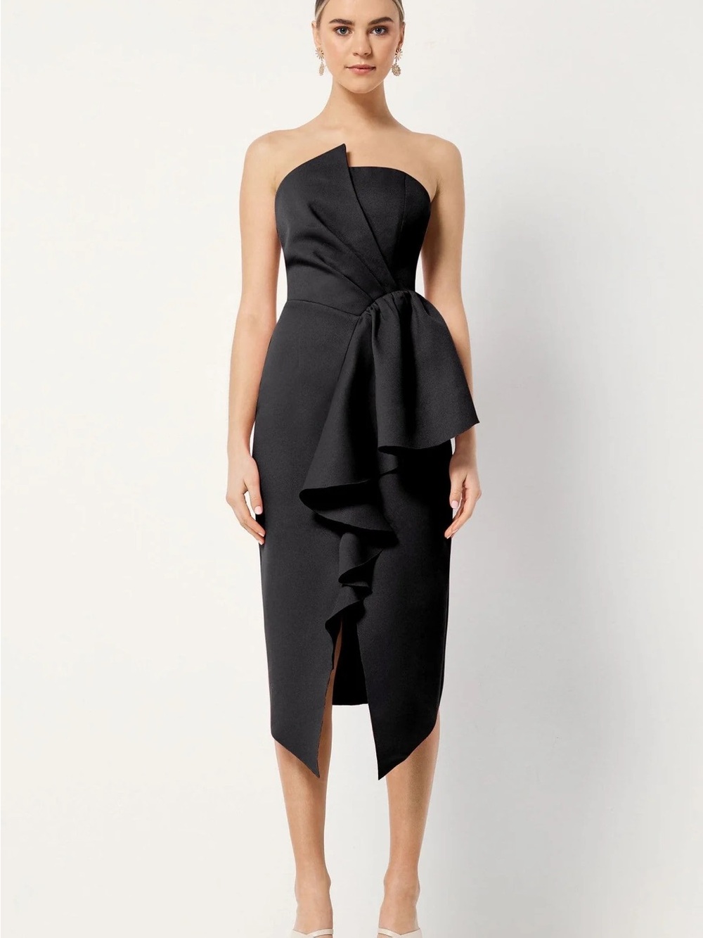 Elliatt Reception Strapless Black Ruffle Midi Dress - S